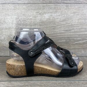 Taos Zanzibar Women’s Sz EU 37 Woven Black Leather Hook & Loop Cork Wedge Sandal